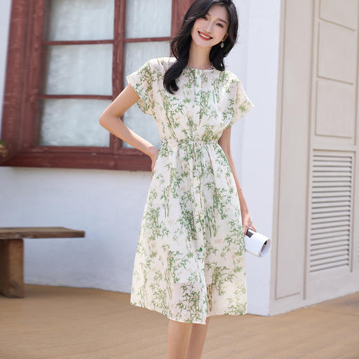 米思阳2025夏季新品清爽新中式印花裙宽松抽绳设计连衣裙2485 商品图4