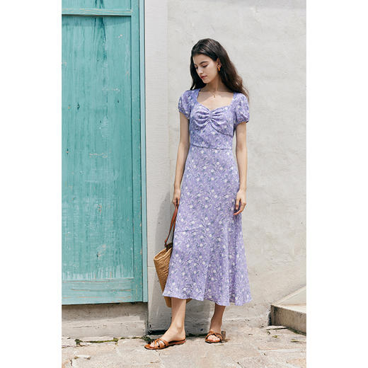 HeyDres法式紫色碎花连衣裙女夏季方领褶皱收腰设计浪漫约会裙子 商品图0