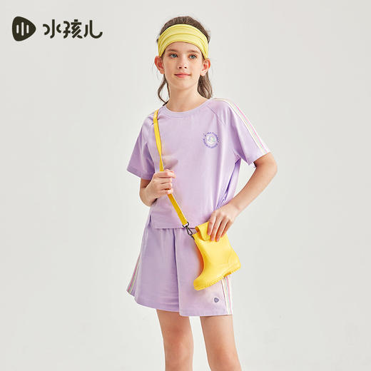 水孩儿童装夏季新款女童时尚运动套装儿童舒适纯棉短袖T恤简约纯色短裤 商品图3