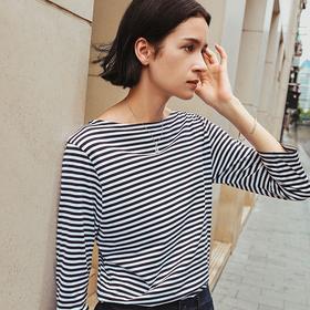 SUNSPEL女士春夏Supima匹马棉船领条纹七分袖T舒适透气简约休闲