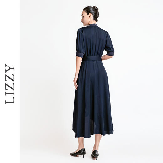 LIZZY优雅通勤收腰短袖飘逸不规则大摆连衣裙配腰带7961 商品图2
