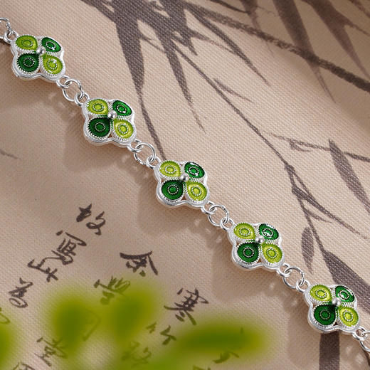子佩集S990银【四叶成诗】手链【CSL000015-1】纯银珐琅彩四叶草绿花丝2405 商品图1