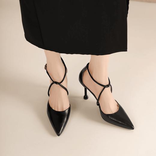 阿么手工女鞋优雅高级感细跟高跟鞋8.5CM交叉带时尚尖头凉鞋夏季 商品图2