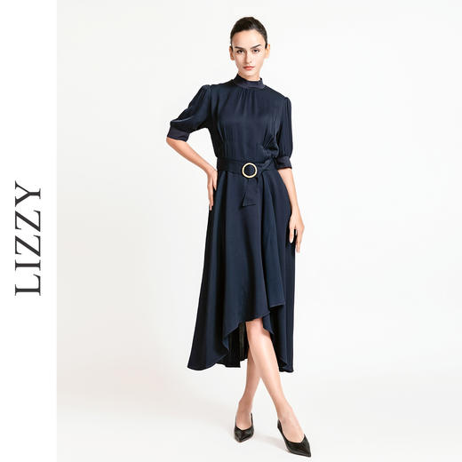 LIZZY优雅通勤收腰短袖飘逸不规则大摆连衣裙配腰带7961 商品图3