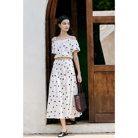 HeyDress法式黑白波点套装女夏季泡泡袖露肩衬衫褶皱半身裙度假风