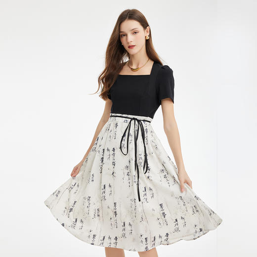 PF872斯尔丽2024新款国风感水墨印花拼接绑带收腰气质优雅新款连衣裙 商品图0