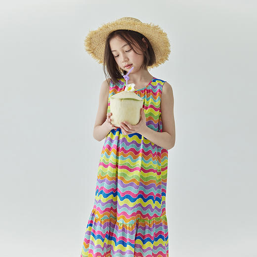 棵初年新款女童全棉波浪彩条无袖连衣裙亲子款夏季海边度假裙 商品图1