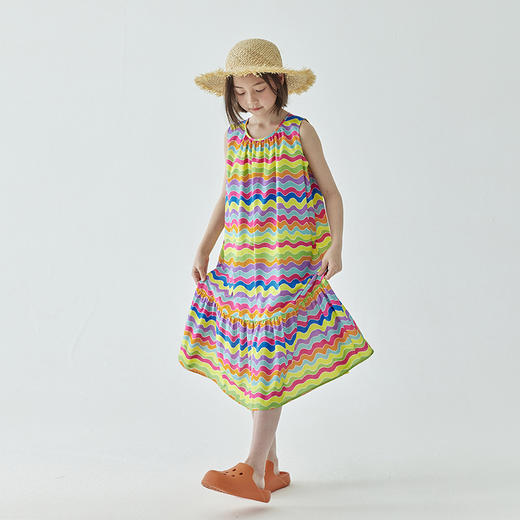 棵初年新款女童全棉波浪彩条无袖连衣裙亲子款夏季海边度假裙 商品图3