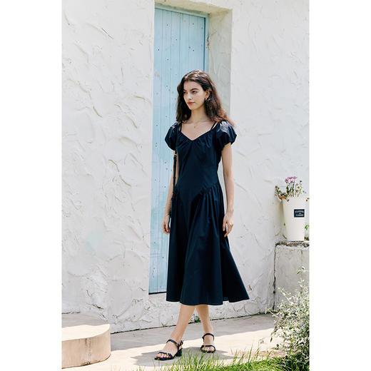 HeyDress黑色露肩连衣裙女夏季法式V领泡泡袖设计感气质a字裙子 商品图0