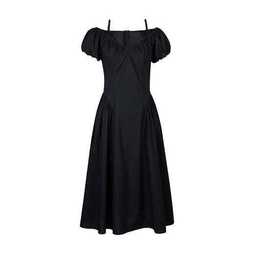 HeyDress黑色露肩连衣裙女夏季法式V领泡泡袖设计感气质a字裙子 商品图4