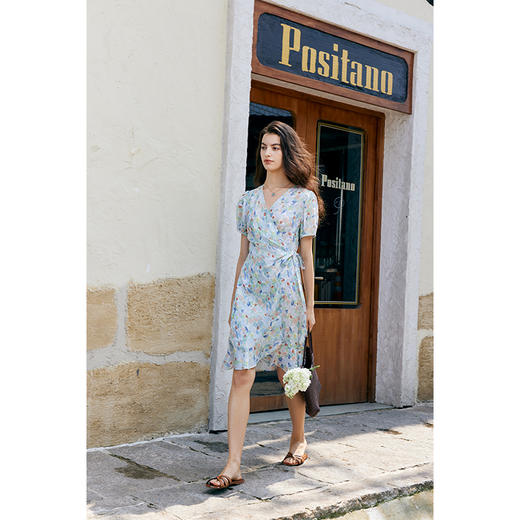 HeyDres法式裹身碎花连衣裙女夏季抽褶收腰设计气质荷叶边裙子 商品图0