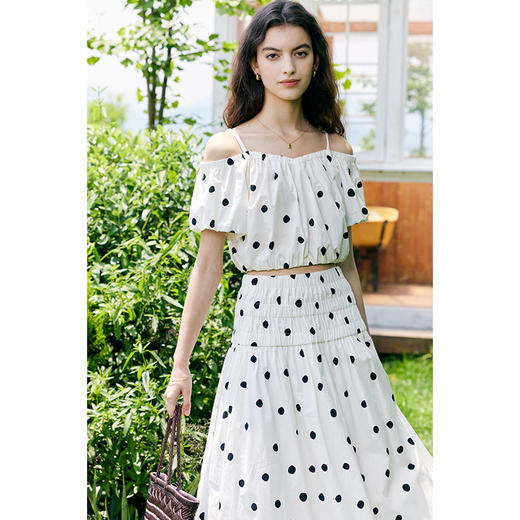 HeyDress法式黑白波点套装女夏季泡泡袖露肩衬衫褶皱半身裙度假风 商品图1