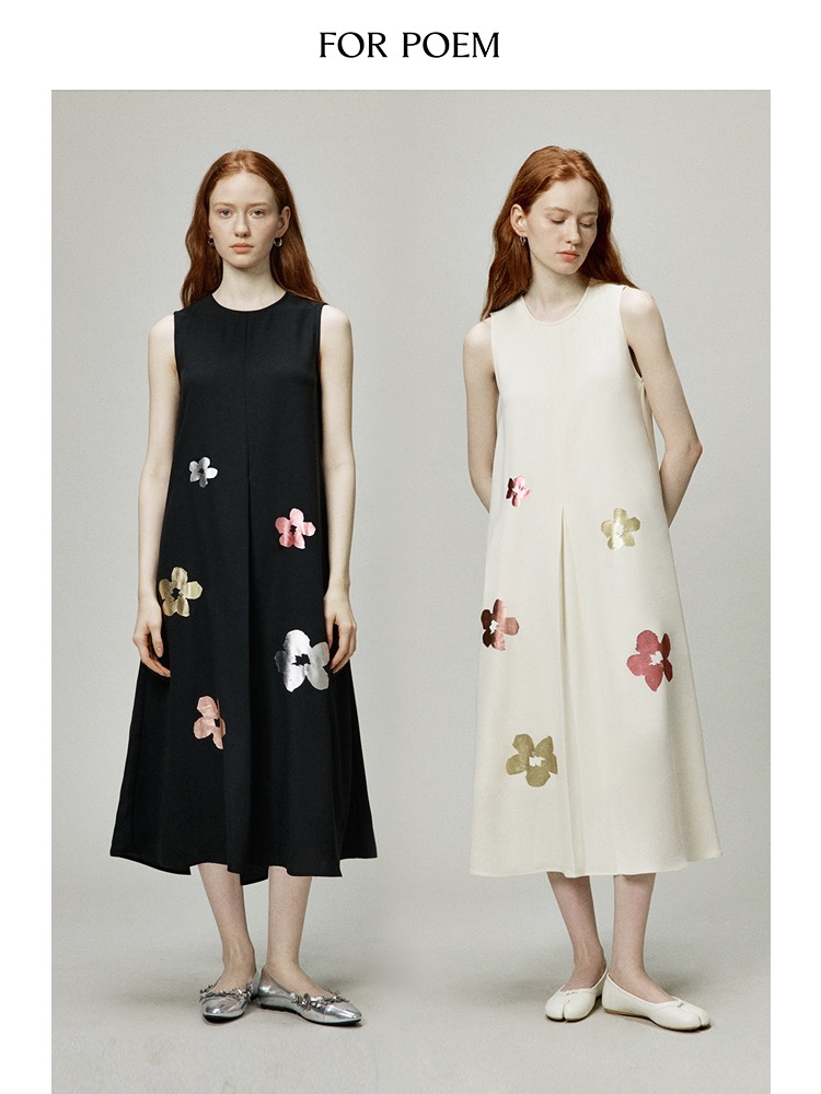 ForPoem 现货 24/SS夏季花朵系列无袖A字宽松烫金花朵连衣裙