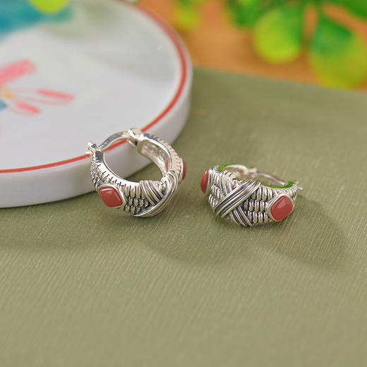 【旧缕心事】S925银南红复古编织花纹几何菱形耳夹【CW-	EJ00427】 商品图1