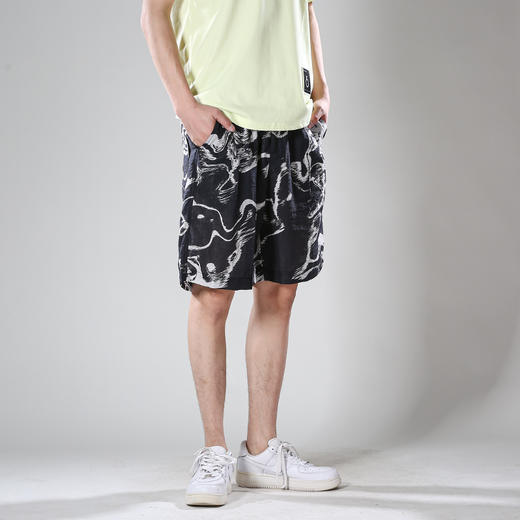 DRONKOO 2024 半松紧正常腰满身抽象涂鸦图案套装休闲短裤 商品图3