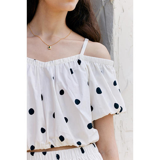 HeyDress法式黑白波点套装女夏季泡泡袖露肩衬衫褶皱半身裙度假风 商品图2