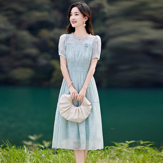 木耳花边圆领天丝高腰显瘦连衣裙MLJL88005 商品图0