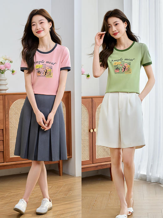 【五折购】熙世界美式复古T恤正肩短袖时尚洋气减龄印花上衣2025夏天新款 商品图4