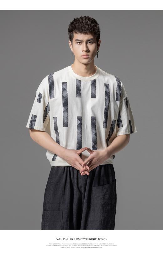 PINLI品立2024夏季新款印花杏色短袖T恤男士潮牌复古宽松休闲上衣B242111112 商品图6