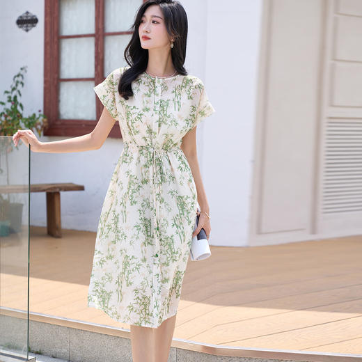 米思阳2025夏季新品清爽新中式印花裙宽松抽绳设计连衣裙2485 商品图5