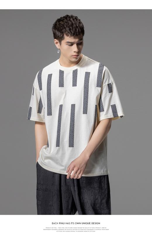 PINLI品立2024夏季新款印花杏色短袖T恤男士潮牌复古宽松休闲上衣B242111112 商品图7