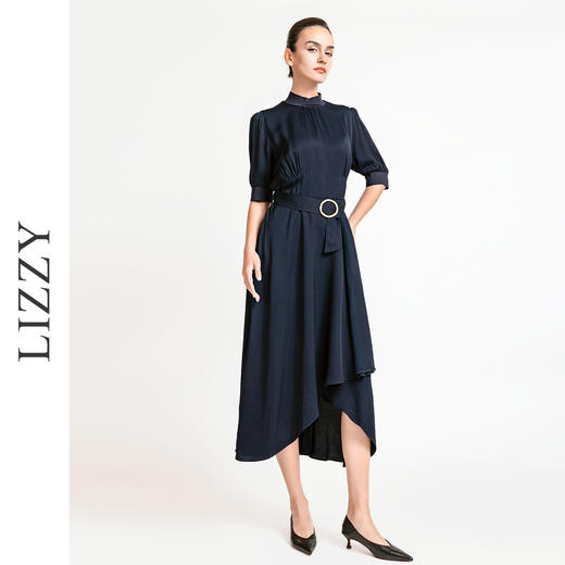 LIZZY优雅通勤收腰短袖飘逸不规则大摆连衣裙配腰带7961 商品图1