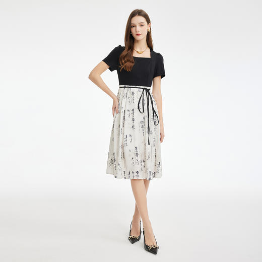 PF872斯尔丽2024新款国风感水墨印花拼接绑带收腰气质优雅新款连衣裙 商品图3