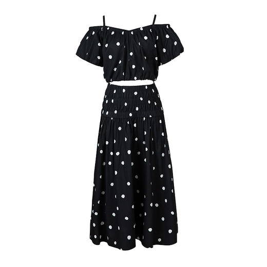 HeyDress法式黑白波点套装女夏季泡泡袖露肩衬衫褶皱半身裙度假风 商品图4