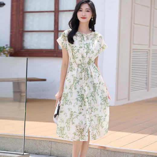 米思阳2025夏季新品清爽新中式印花裙宽松抽绳设计连衣裙2485 商品图0
