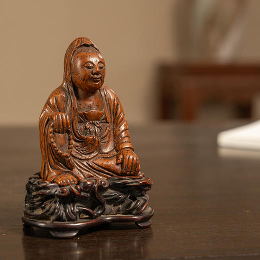 清 竹雕自在观音像（红木座） 商品图2