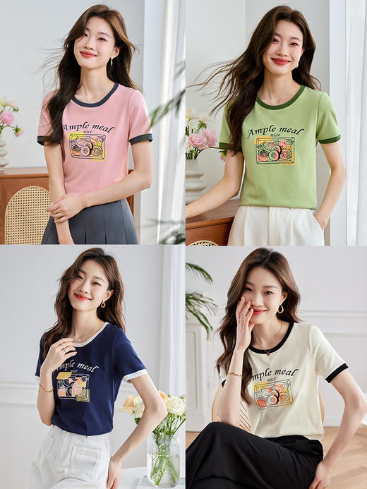 【五折购】熙世界美式复古T恤正肩短袖时尚洋气减龄印花上衣2025夏天新款 商品图1