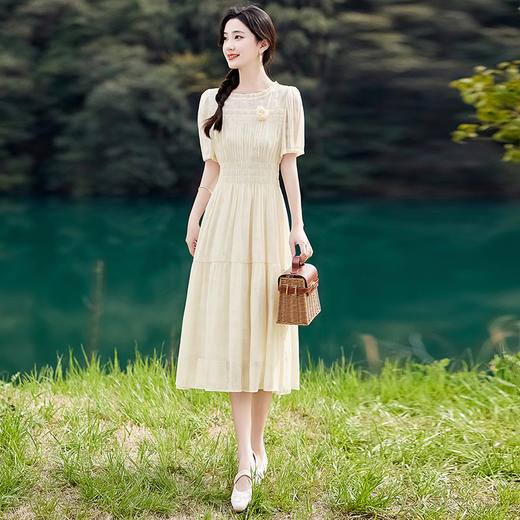 木耳花边圆领天丝高腰显瘦连衣裙MLJL88005 商品图1