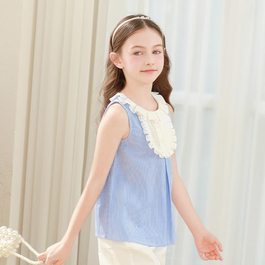 女童短袖t恤2024夏季新款儿童蓝色条纹童装小女孩洋气纯棉上衣 商品图4