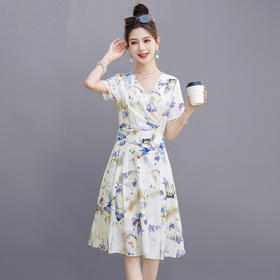 气质名媛v领，蝴蝶印花连衣裙HR-5506