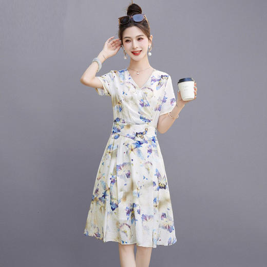 气质名媛v领，蝴蝶印花连衣裙HR-5506 商品图0