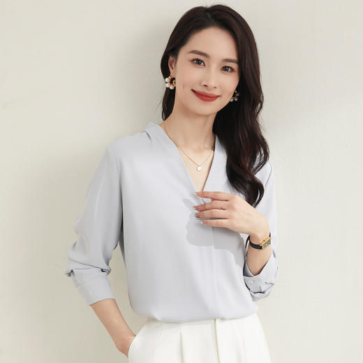 【简约大方】罗蒙四季款女士长袖衬衫商务通勤气质百搭V领衬衫女 商品图1