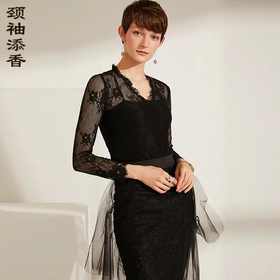 J6210476B颈袖添香2019春夏新款气质女神范网纱上衣女两件套长袖蕾丝打底衫J6210476C