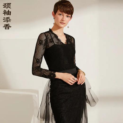 J6210476B颈袖添香2019春夏新款气质女神范网纱上衣女两件套长袖蕾丝打底衫J6210476C 商品图0