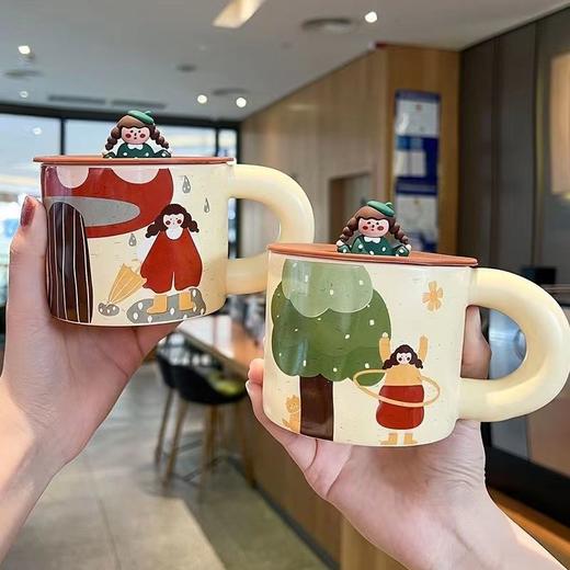 创意复古女孩陶瓷水杯耐高温马克杯子带盖勺高档办公室牛奶杯茶杯 商品图8