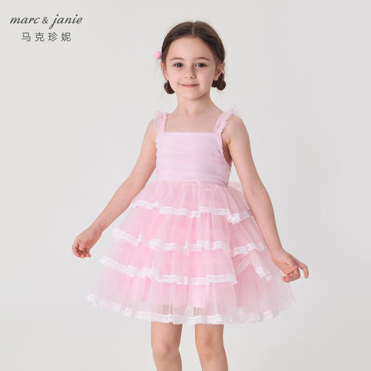 马克珍妮2024年夏装女童蕾丝层叠蝴蝶结飘带网纱蛋糕公主裙240876 商品图1