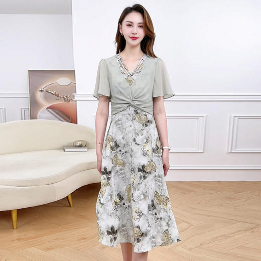 修身时尚雪纺裙，荷叶袖通勤洋气假两件连衣裙QYM-XQD-53A2449-L 商品图1