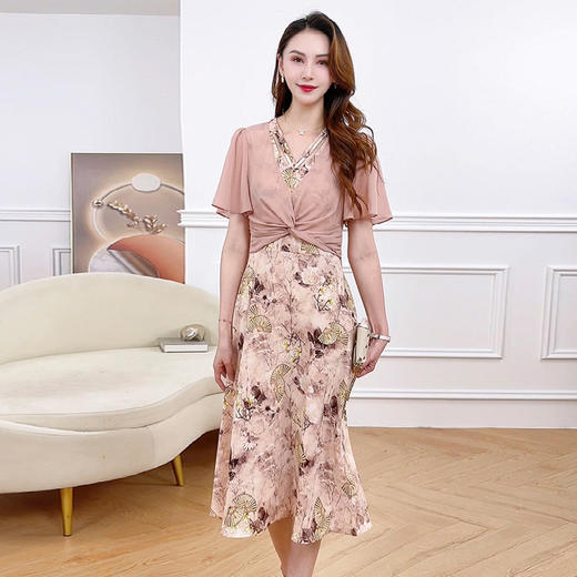 修身时尚雪纺裙，荷叶袖通勤洋气假两件连衣裙QYM-XQD-53A2449-L 商品图0