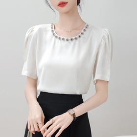 SMZ17349韩国chic法式重工钉钻圆领衬衣高级感气质泡泡袖显瘦时尚上衣女装