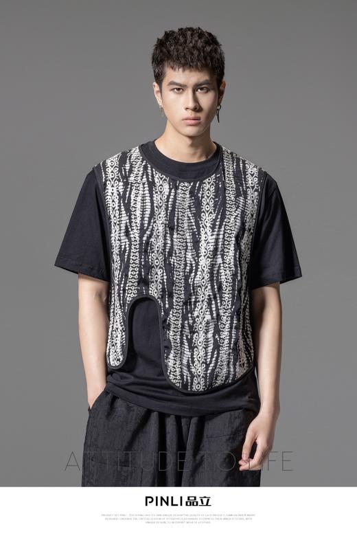 PINLI品立夏季新款新中式刺绣镂空马甲不规则下摆休闲男背心B242107122 商品图0
