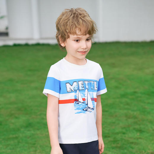 【凉感】mettekids男童短袖t恤2024夏季新款透气儿童撞色休闲上衣 商品图3