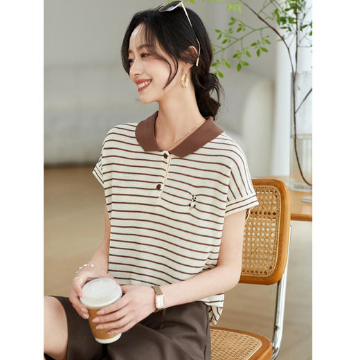 冰丝短袖条纹t恤刺绣撞色polo领针织衫CC-9013 商品图1