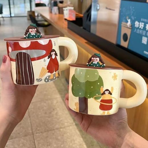 创意复古女孩陶瓷水杯耐高温马克杯子带盖勺高档办公室牛奶杯茶杯 商品图6