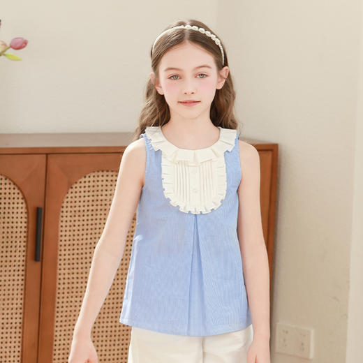 女童短袖t恤2024夏季新款儿童蓝色条纹童装小女孩洋气纯棉上衣 商品图3