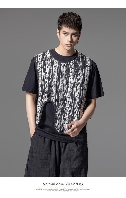 PINLI品立夏季新款新中式刺绣镂空马甲不规则下摆休闲男背心B242107122 商品图7