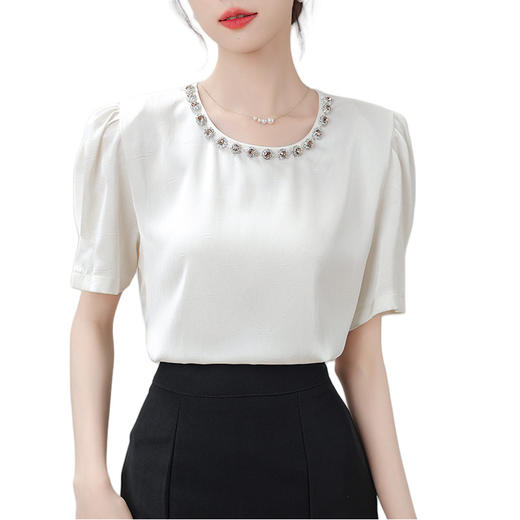 SMZ17349韩国chic法式重工钉钻圆领衬衣高级感气质泡泡袖显瘦时尚上衣女装 商品图4